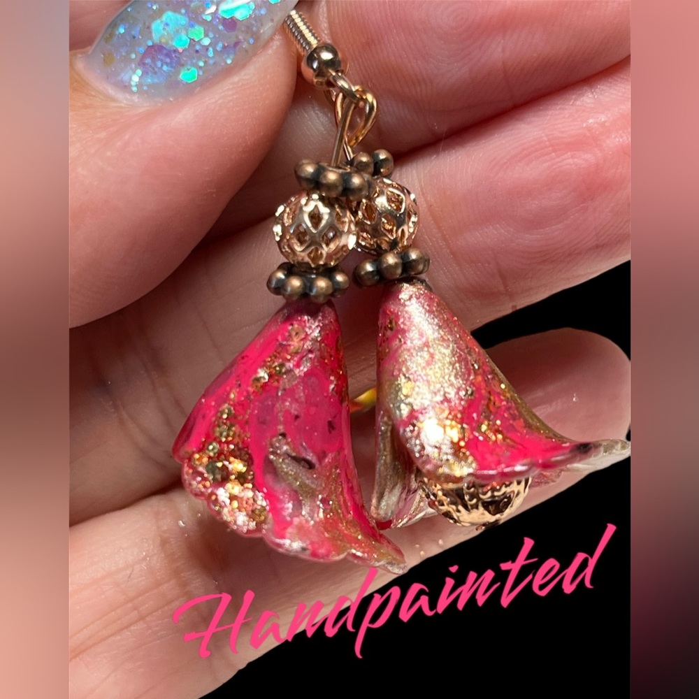 Hand painted tulip shaped rose gold and red earrings